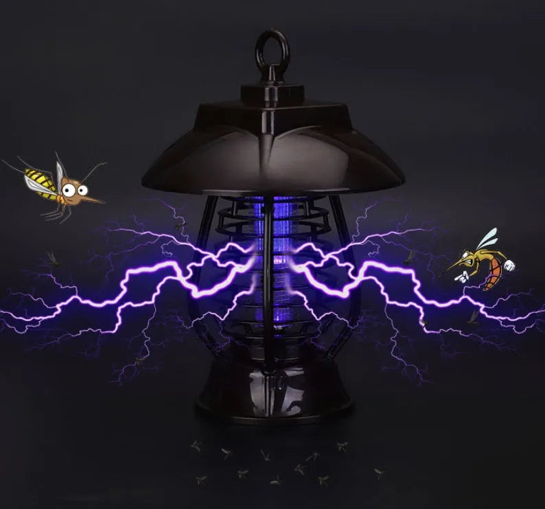 Black solar-powered insecticidal lamp with solar panel and LED lights for outdoor mosquito control