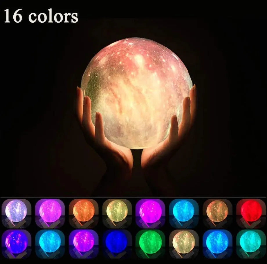 3D printed spherical moon night light glowing with multi-colour LED light on a dark surface.