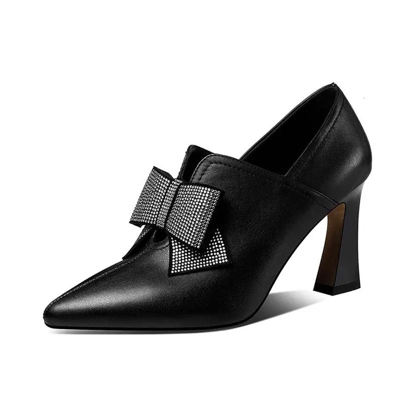 Women's bow boots with pointed toe, 6-8cm chunky high heel, PU upper, black or beige, sizes 34-40
