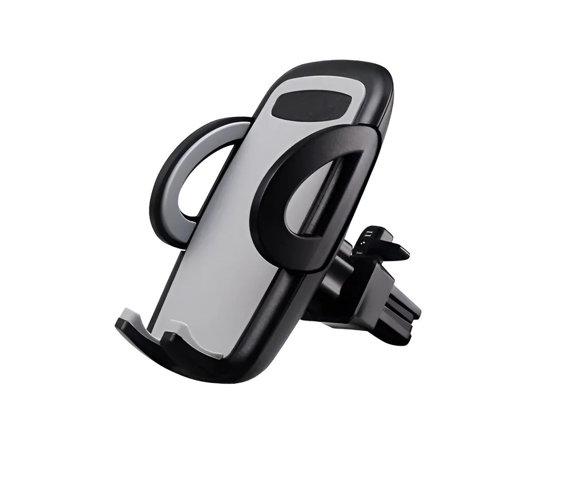 Black plastic car air conditioning vent mobile phone holder mounted on vehicle dashboard