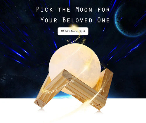 3D printed white moon lamp on a wooden stand with touch-control ring at base