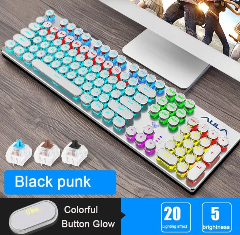 Steampunk Game Real Mechanical Keyboard 104 Keys Wired USB Anti-Ghosting Metal Panel Electroplated Gold Keycaps Mechanical Green Shaft 60 Million Keystrokes 1.6m Braided Cable 435x125x36mm Black Blue White Blue