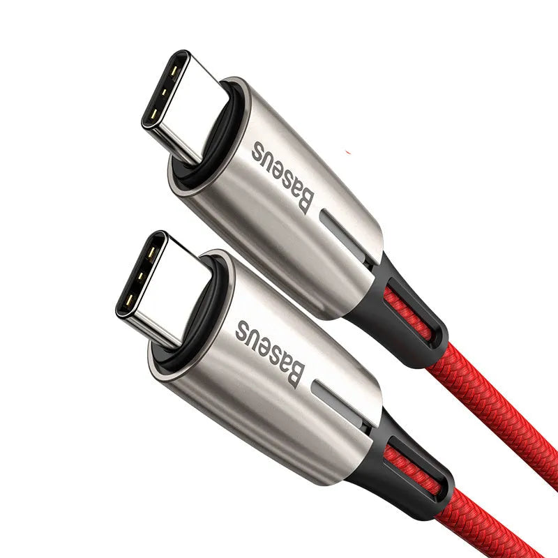 Purple and red USB-C to USB-C fast charging data cable, 1 metre long.