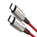 Purple and red USB-C to USB-C fast charging data cable, 1 metre long.