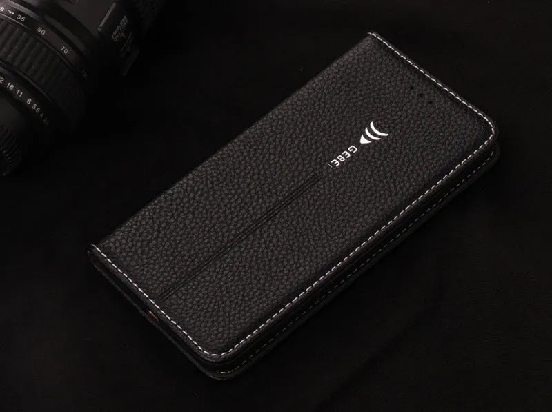 PU leather wallet phone case for iPhone with card slots in black, blue, brown, khaki, and pink colours.