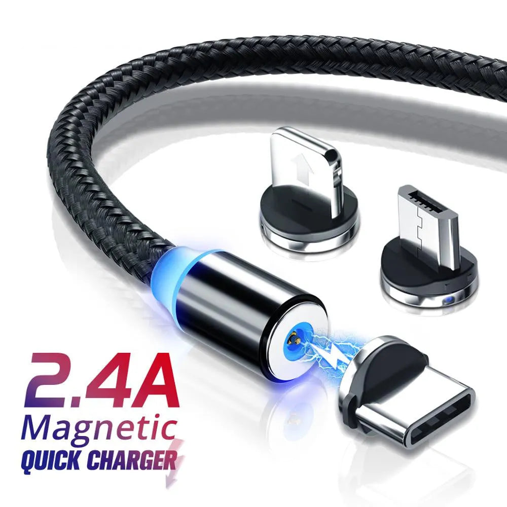 Black magnetic USB charging cable with LED light indicator showing 1 metre length