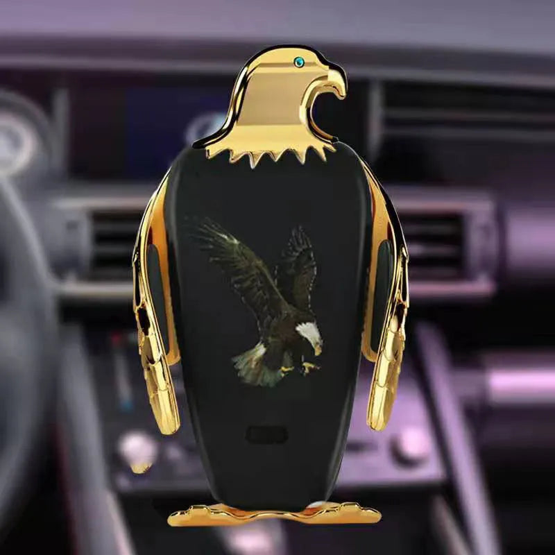 Wireless charging car phone holder with suction cup and Eagle style grip in black and gold.
