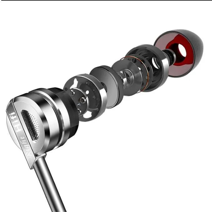 Black metal HIFI in-ear headphones with smart wire control and microphone, showing 3.5mm plug.