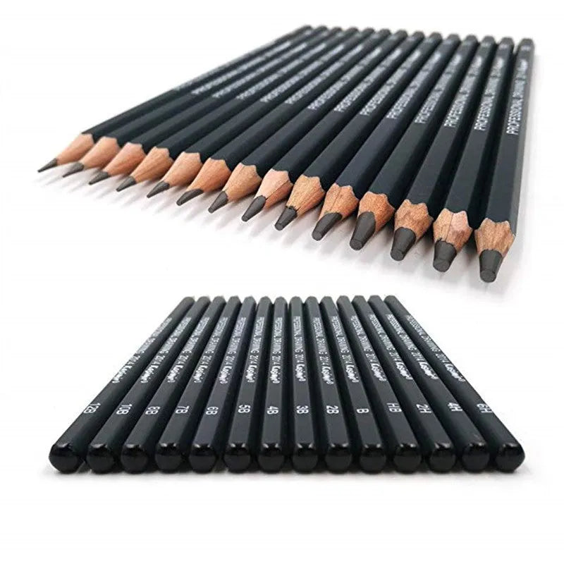 Boxed set of fourteen black sketching pencils ranging from 6H to 12B, each 18 cm long