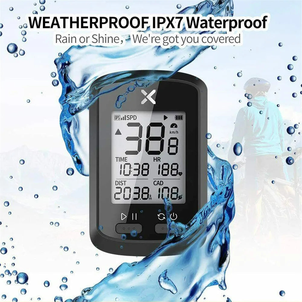 Black waterproof bicycle stopwatch with large LCD display mounted on bike handlebars