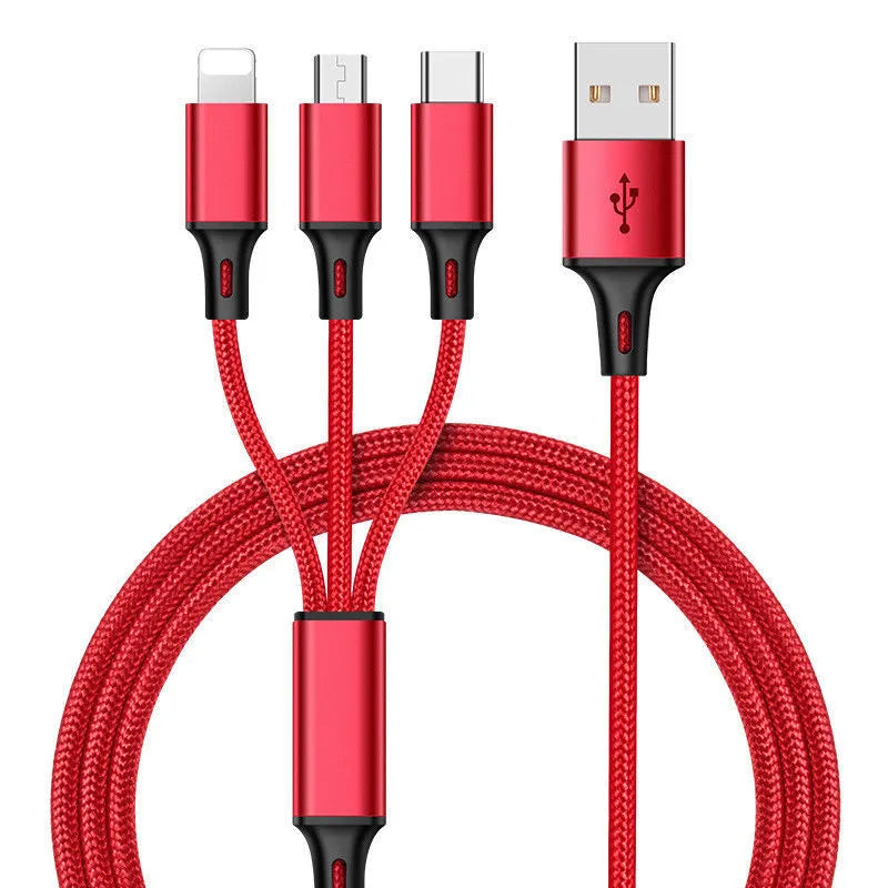 Braided 3-in-1 universal charging cable with aluminium alloy connectors for iPhone Android and Type-C devices