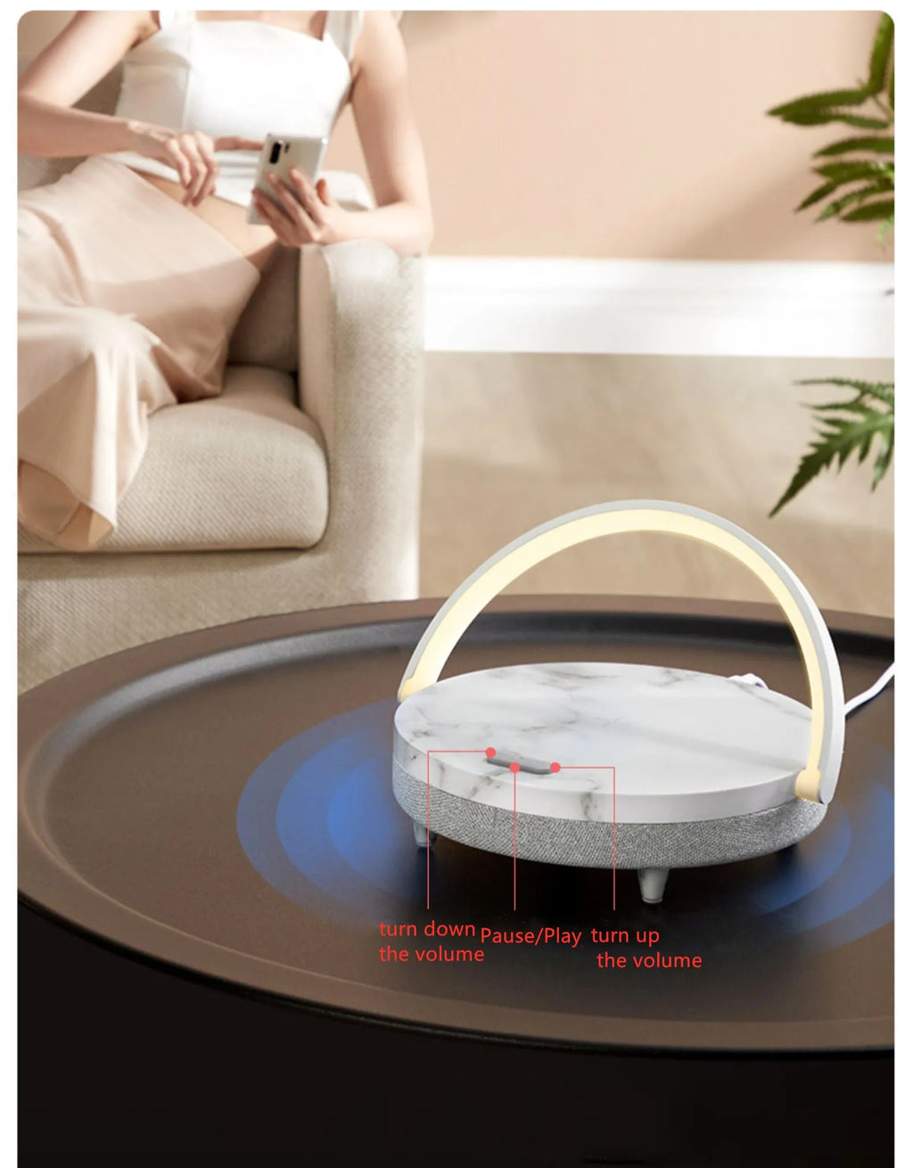 Multi-function wireless charging night light with Bluetooth speaker, touch switch, 191x203x55mm, Marbling or Wood Grain finish