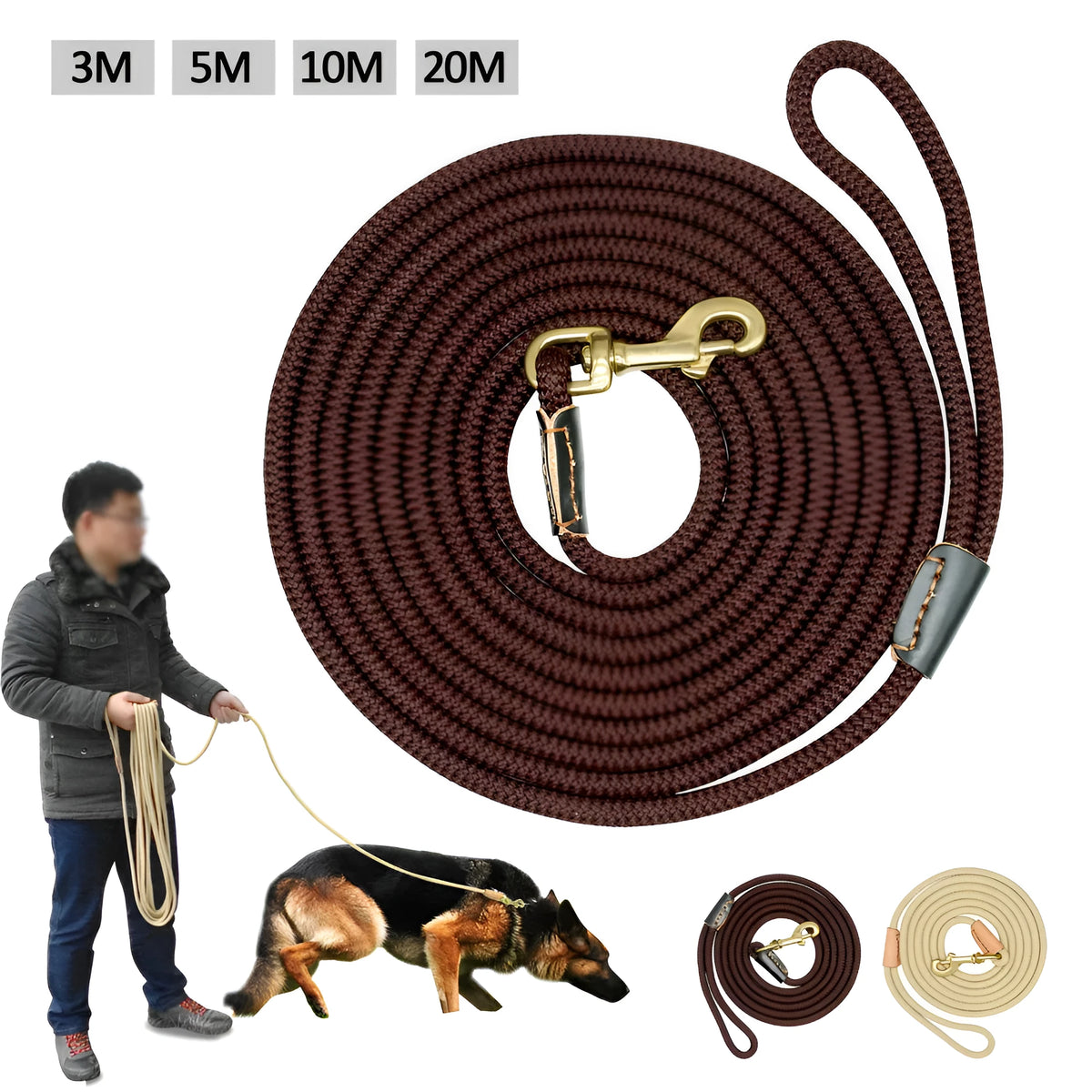 Dog training belt long line lead in beige or coffee, 0.8cm diameter, 3m 5m 10m or 20m length