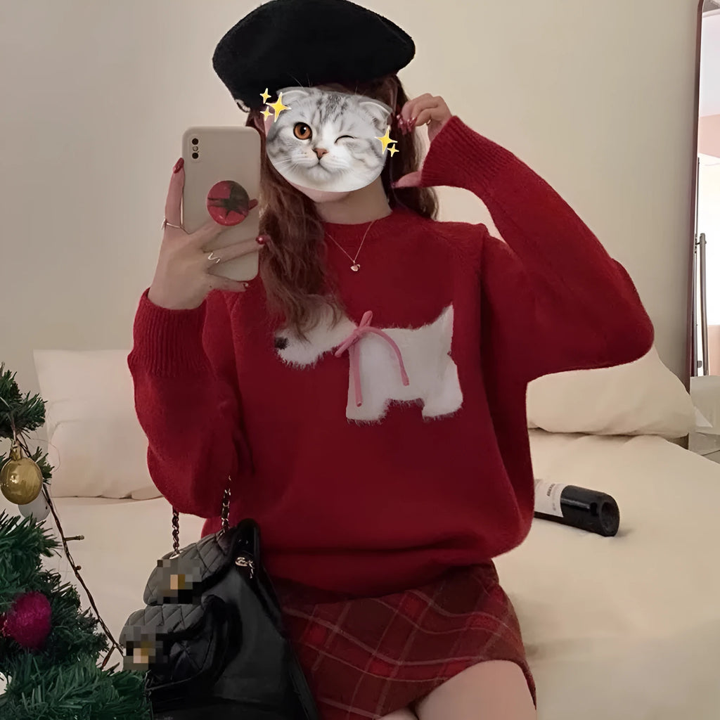Puppy jacquard Korean pullover sweater in wine red with 3D stereoscopic pattern on wool blend fabric