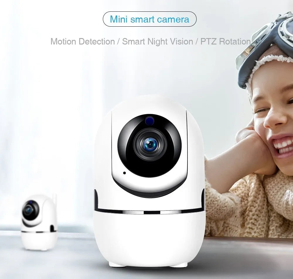 Compact black WiFi security camera with stand, 1080P HD indoor monitoring, night vision and motion detection
