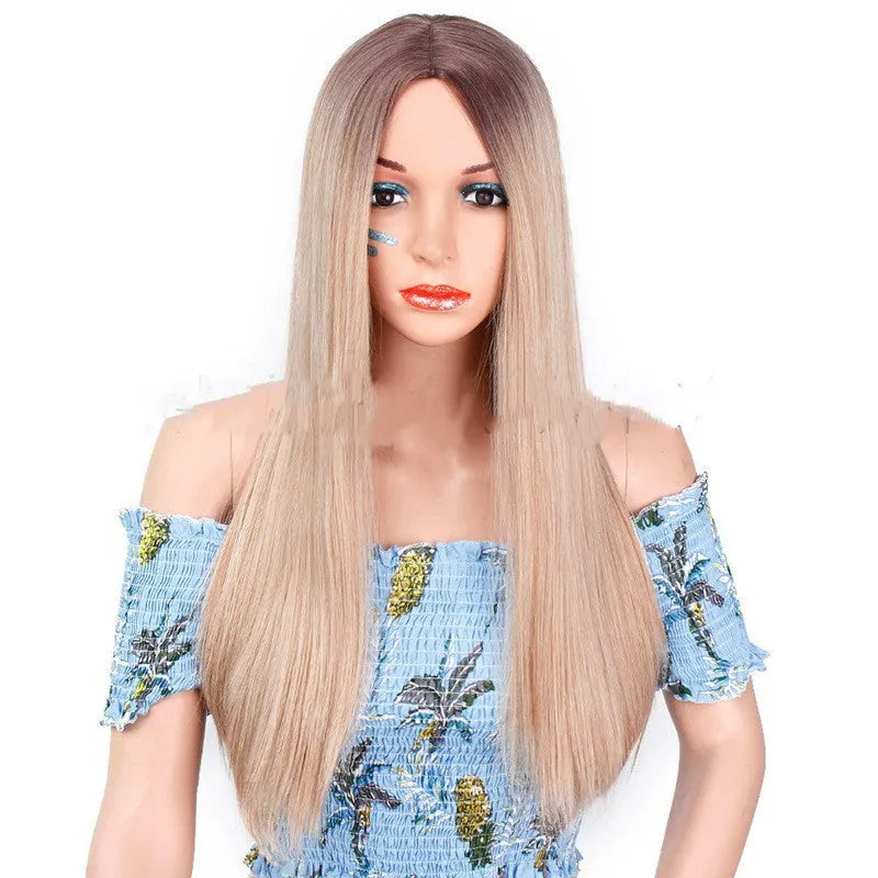 European American ladies long straight hair wig 26 inch 65cm high temperature wire hairline mid-point bangs as shown colour