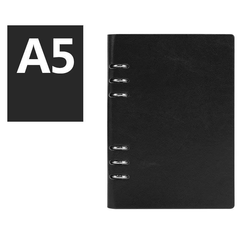 A5 loose-leaf business notebook with a black imitation leather cover, open to show beige paper.