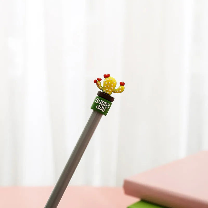 Potted cactus gel pen set 4 pens plastic silicone 18.5cm fine 0.5mm tip blue colorful gray green yellow