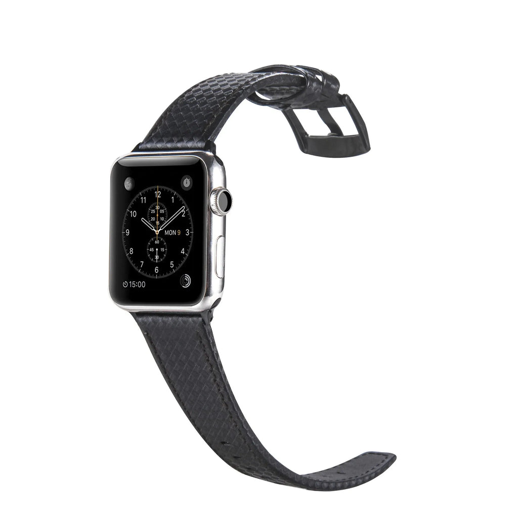 Carbon fibre and leather strap for iPhone watch with PC hard case in black, blue, orange, and red colour options.
