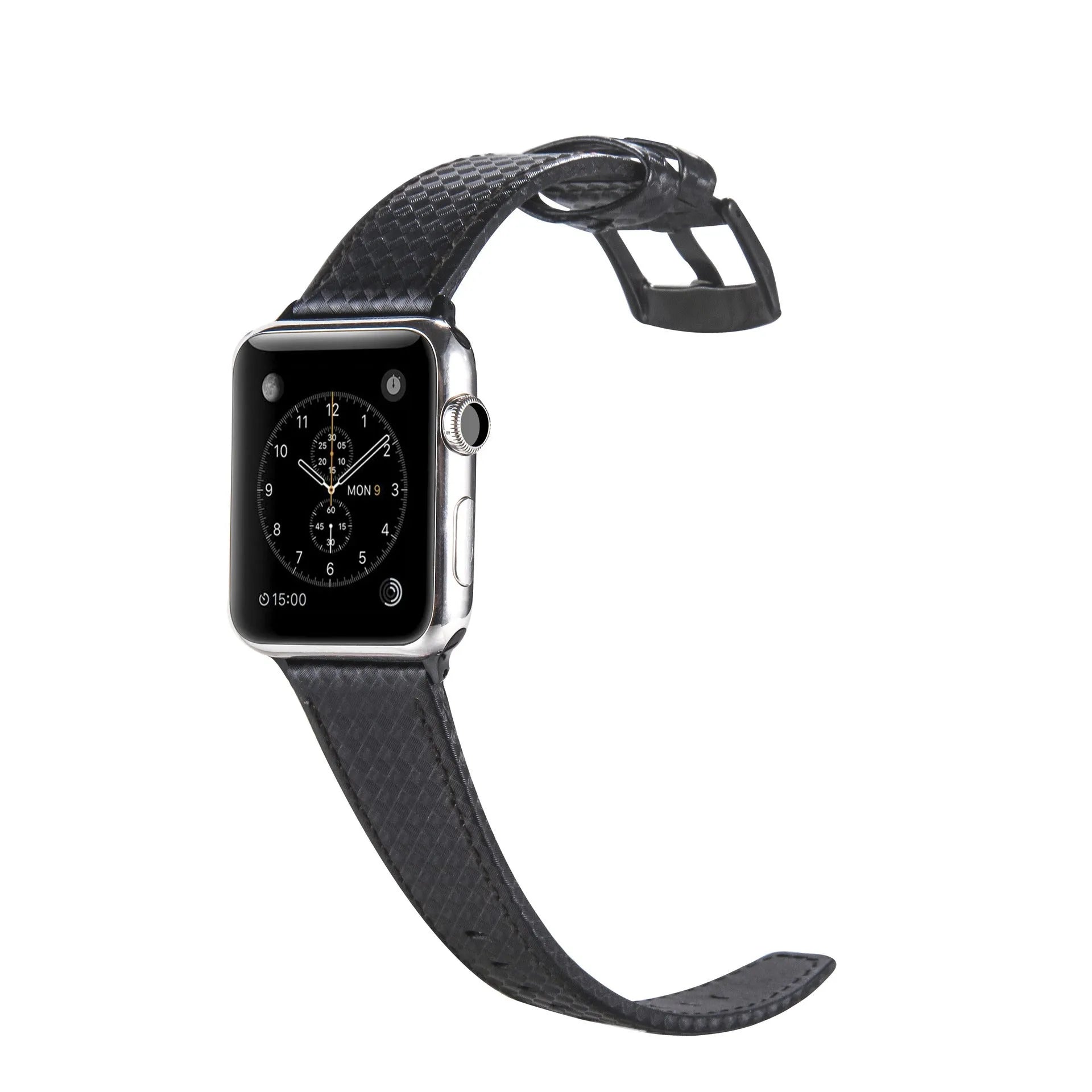 Carbon fibre and leather strap for iPhone watch with PC hard case in black, blue, orange, and red colour options.