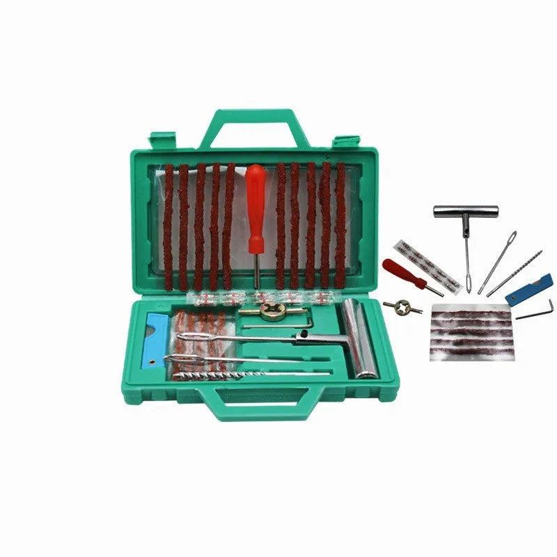 Car tyre repair kit with rubber strips, drill pin, solid handle, wrenches and storage box