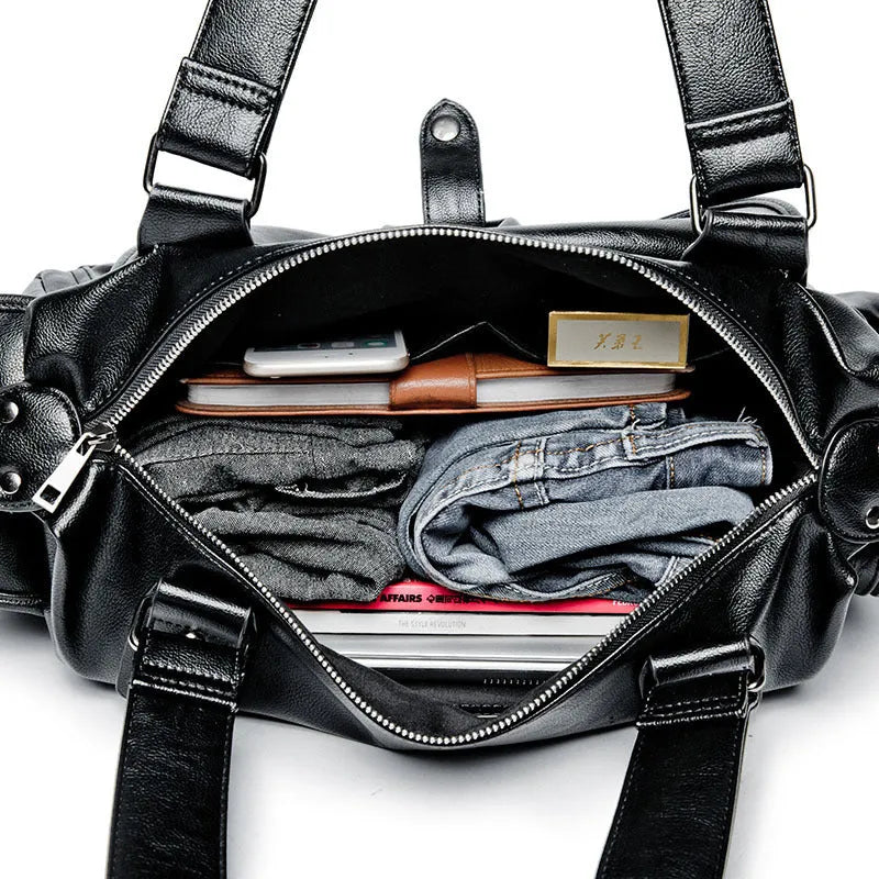 Men's black PU leather portable travel bag with zipper closure and retro Korean style