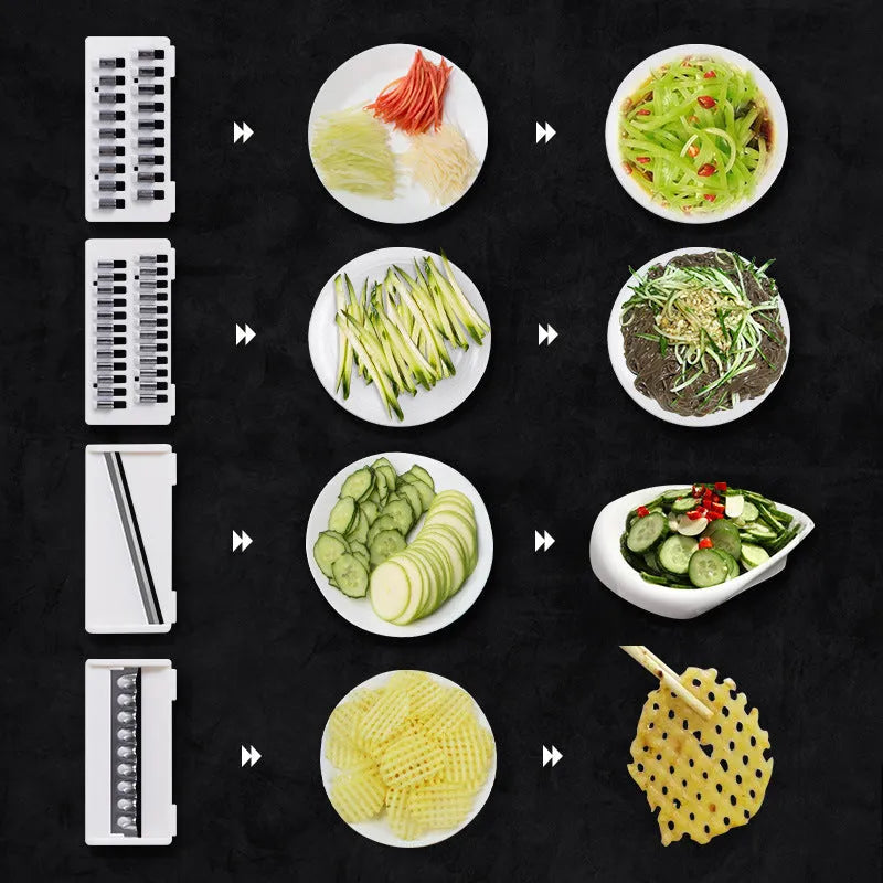 Vegetable cutter with four blades, hand protector, drain basket, bottom basin, 28.5 x 8.5cm, stainless steel and ABS