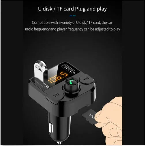 Black car MP3 player Bluetooth FM transmitter with LED dot matrix screen, ABS body, 46X47X82mm