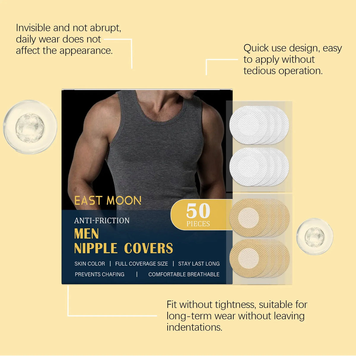 Men's anti friction chest patch pack of 50 self-adhesive stickers for running and gym use