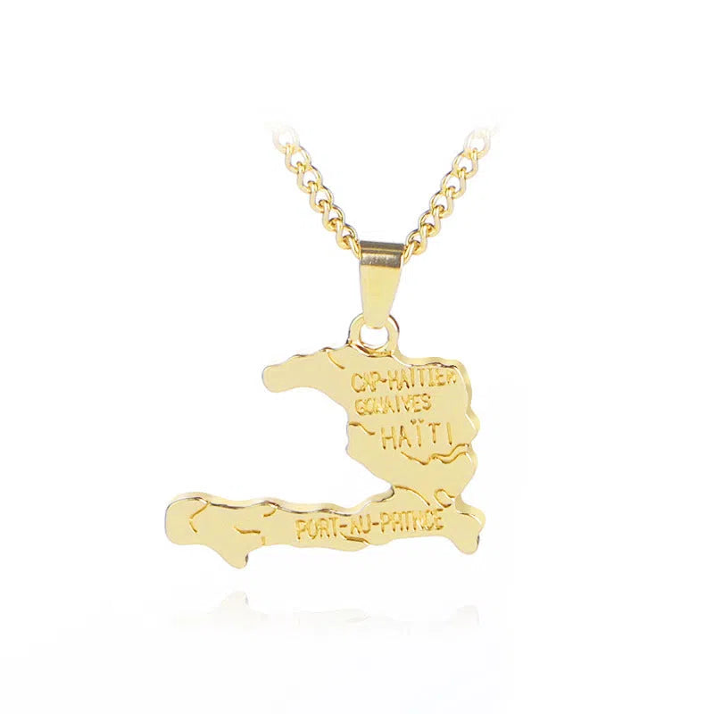 Gold-colour alloy Haiti map necklace with snake bone chain and extension chain under 10cm