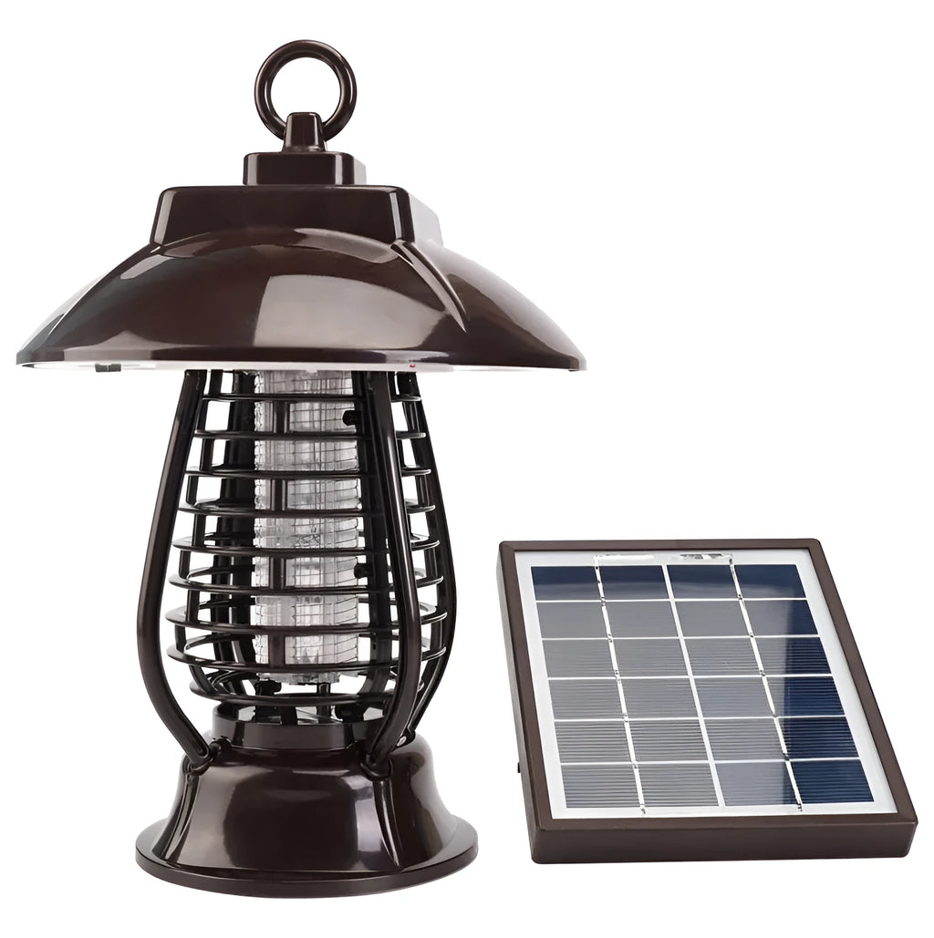 Black solar-powered insecticidal lamp with solar panel and LED lights for outdoor mosquito control