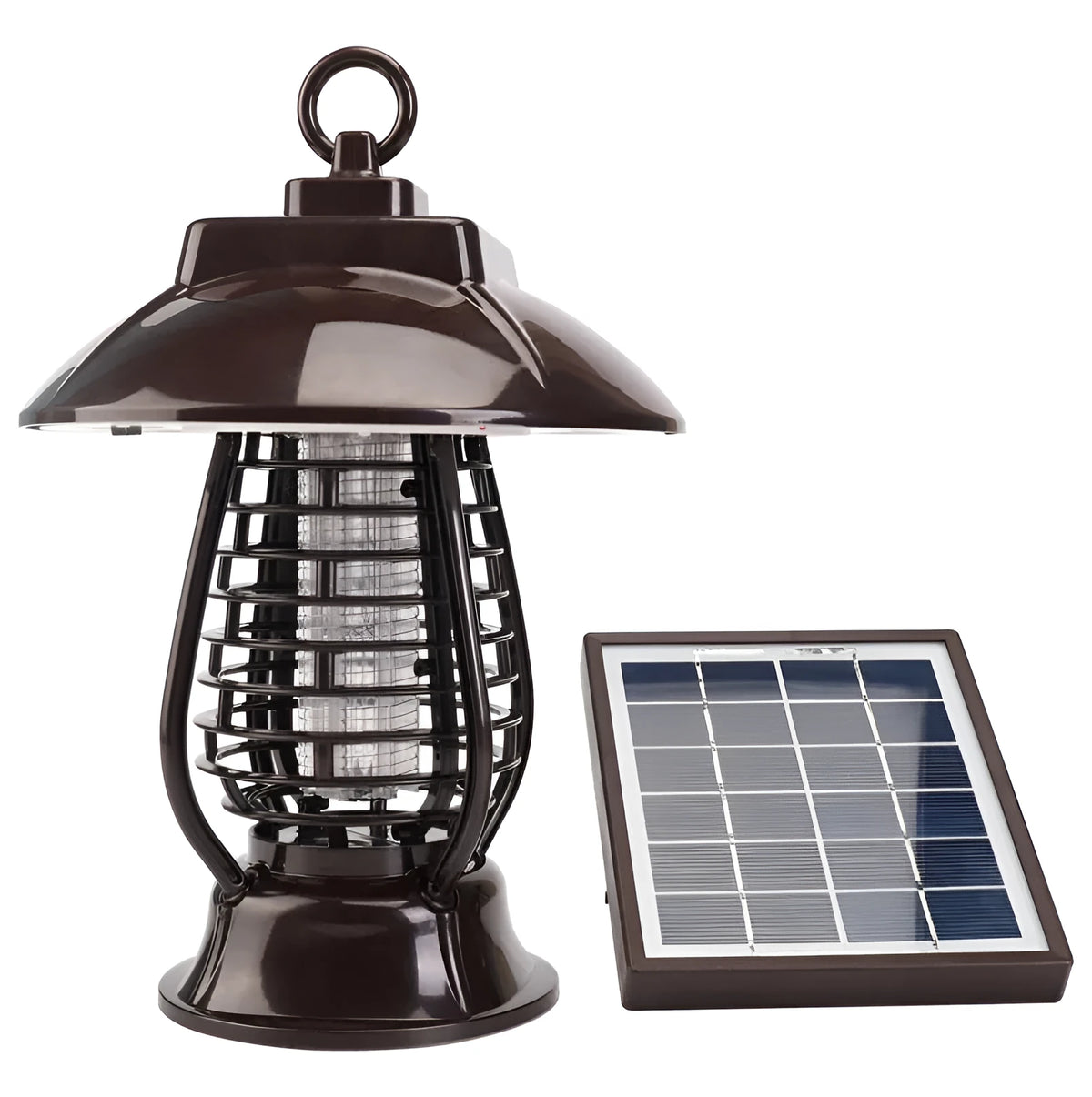 Black solar-powered insecticidal lamp with solar panel and LED lights for outdoor mosquito control