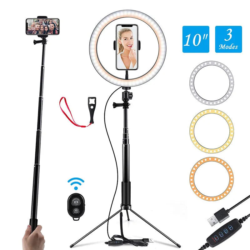 Black aluminium selfie stick tripod extended showing five sections with iPhone mounted