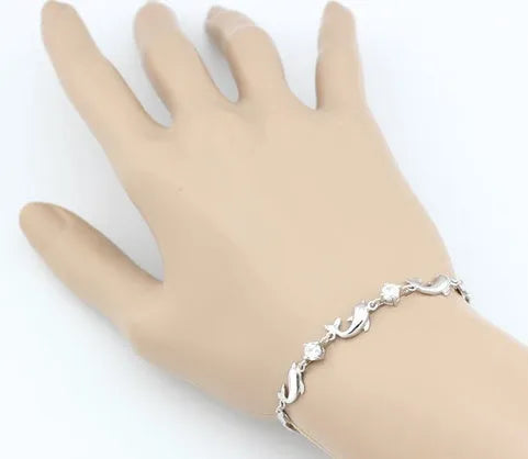 925 sterling silver dolphin amethyst bracelet with heart pendant and diamond inlay in purple and white