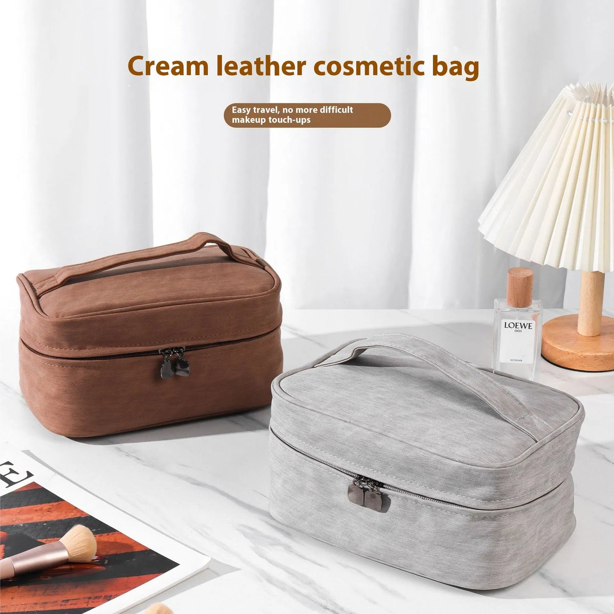 Large capacity waterproof PU cosmetic bag in Mirror Coffee or space grey with solid colour and sewing line detail