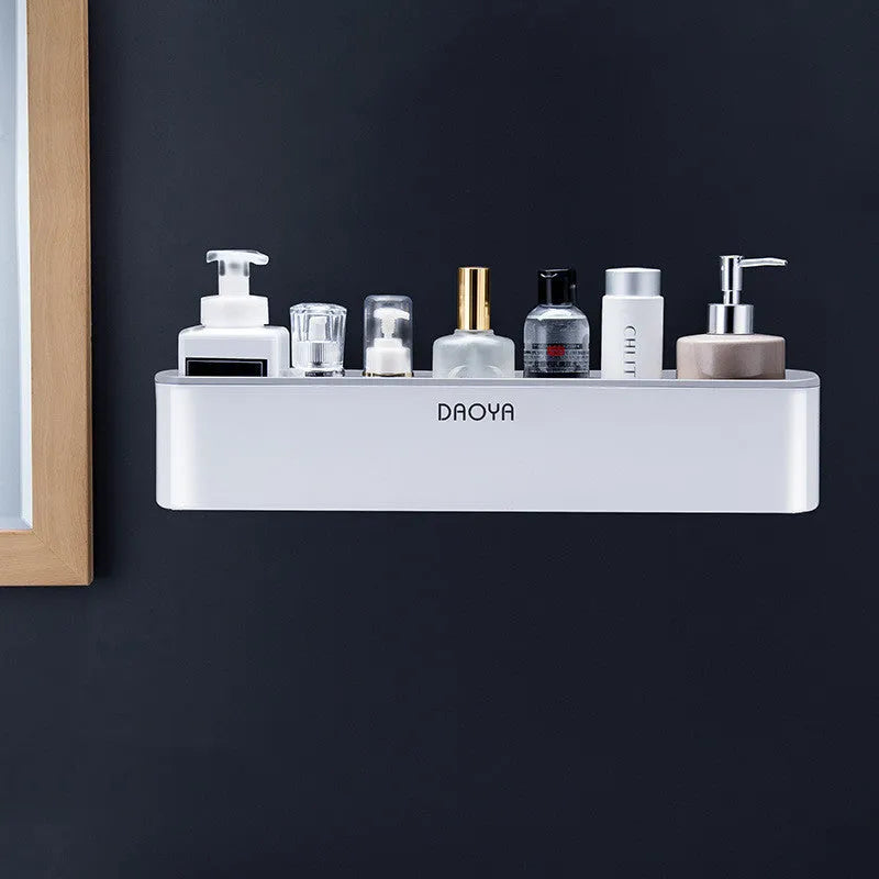 Plastic bathroom wall shelf with hole-free installation for shampoo and cosmetic storage