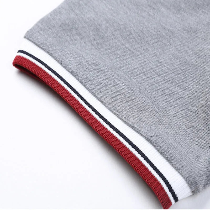 Men's lapel short sleeve T-shirt in 100% combed cotton with geometric collage splicing, Blue or Grey, sizes M to 5XL