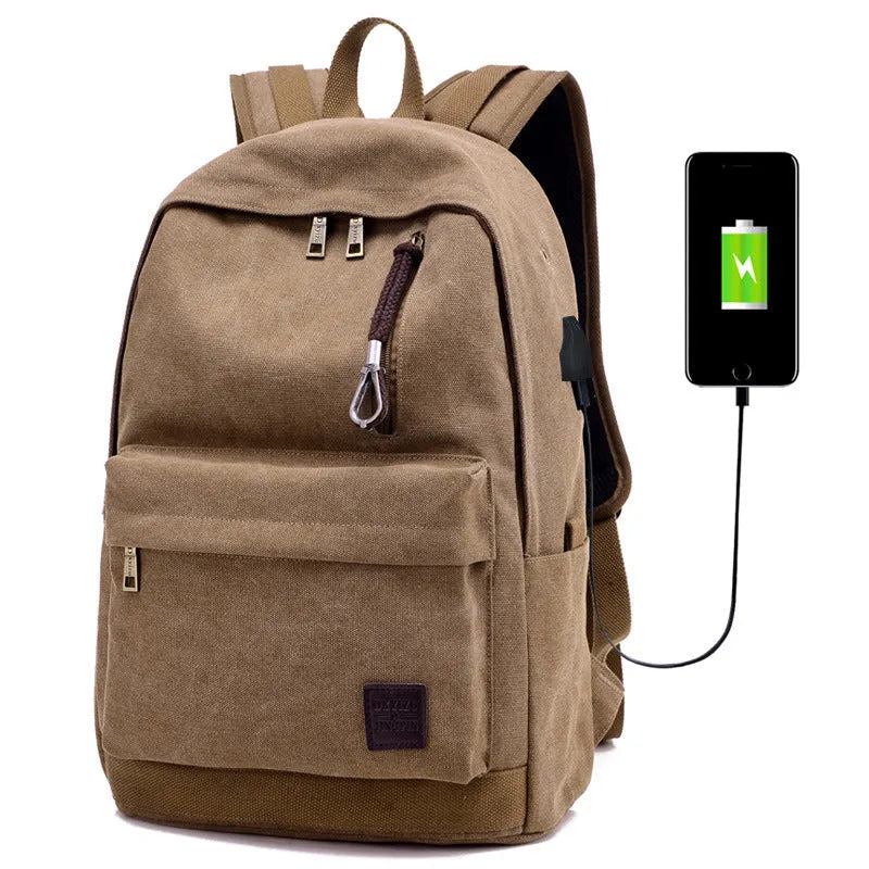 Canvas backpack with USB charging port showing laptop compartment and multiple pockets in grey colour