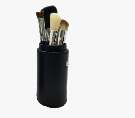 12-piece makeup brush set in PU cylinder tube with wool horse hair fibre heads, wooden handles, black and pink options