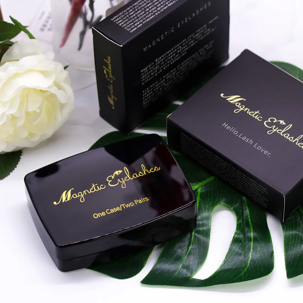 Magnetic eyelashes set with 3+6 small clusters, black box, transparent cover with mirror, and black tweezers option.
