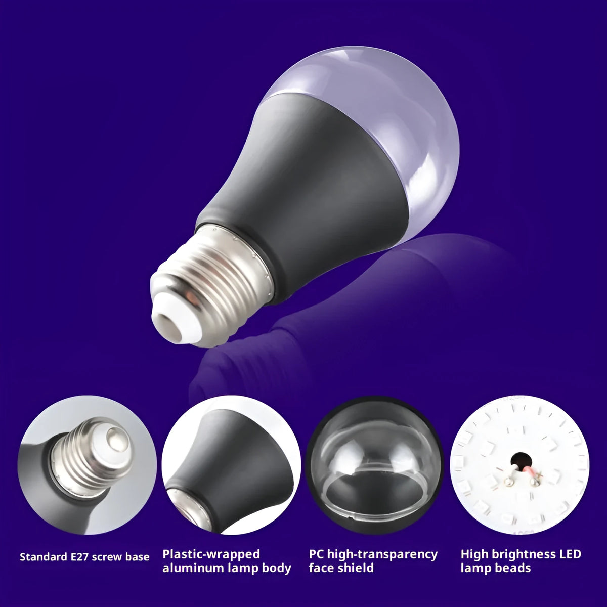A19 LED bulb 12W UV violet fluorescence purple light with socket power supply and IP44 rating