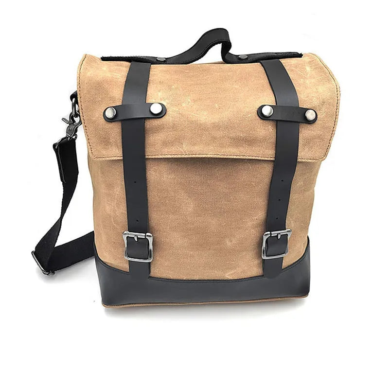 Waterproof canvas motorcycle side bag with cowhide details in black colour