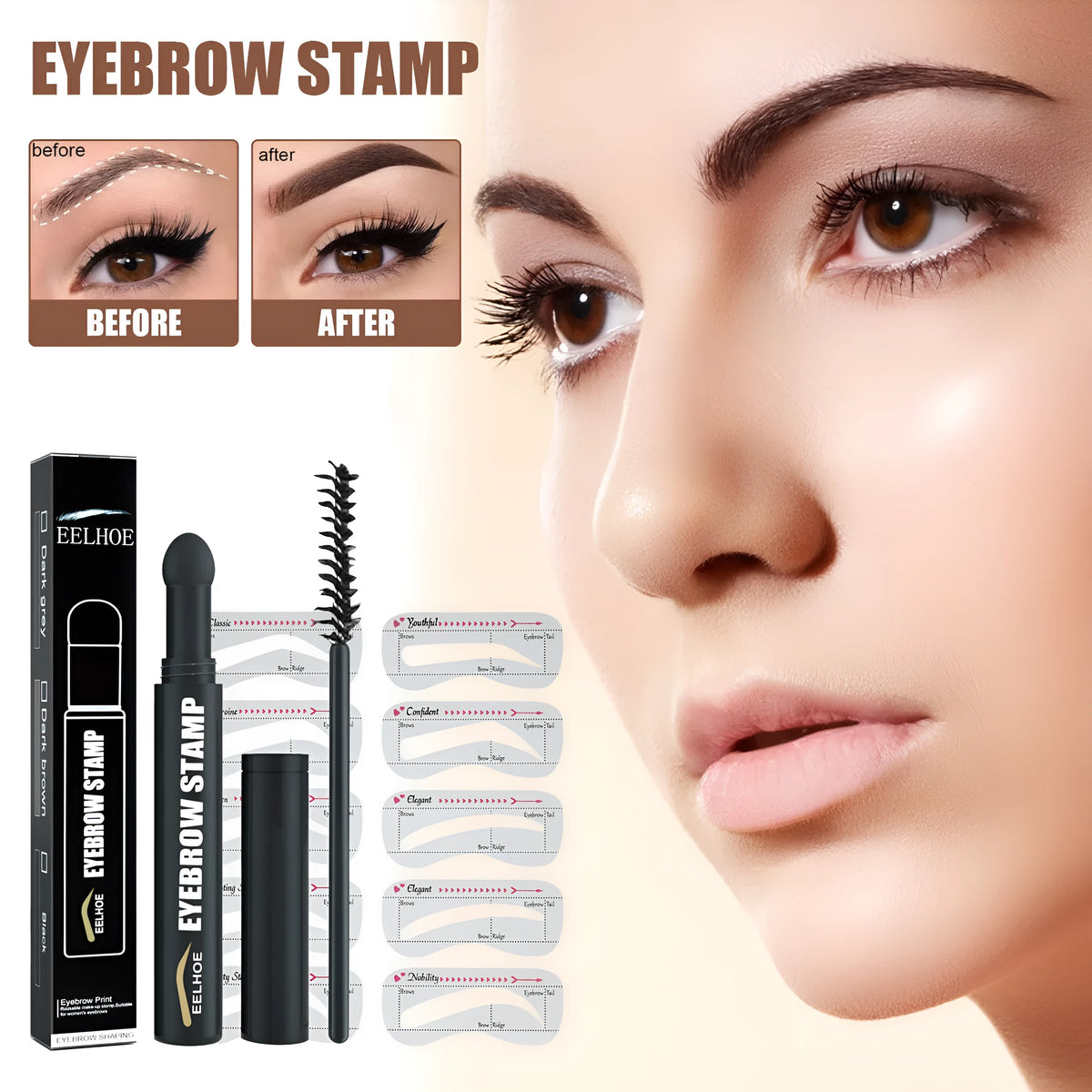 Eyebrow printing pen set with stencil, pencil and brush in Black, Dark Brown and Dark Gray, 3g