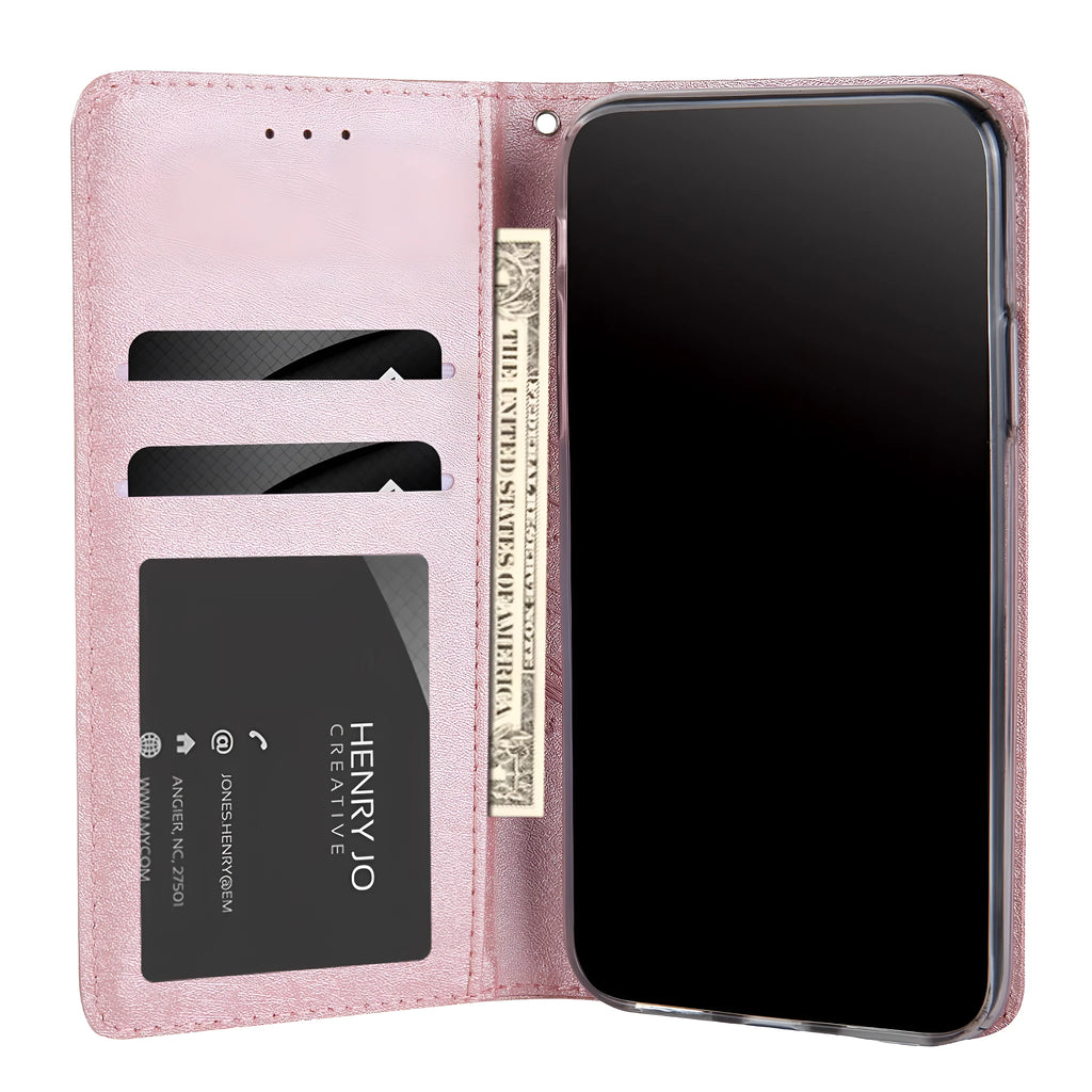 Black PU leather flip-style iPhone case open to show interior card slots and phone.