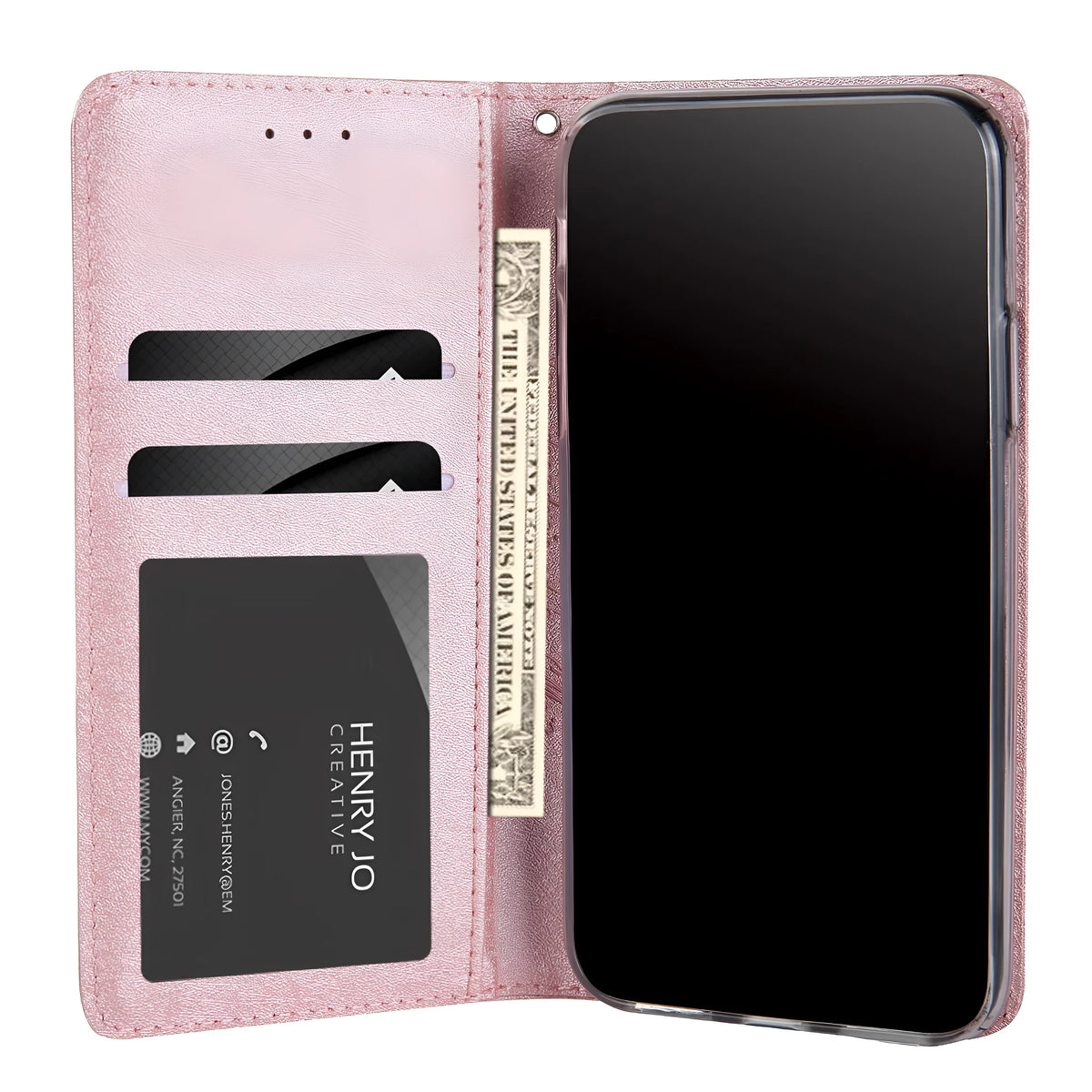 Black PU leather flip-style iPhone case open to show interior card slots and phone.