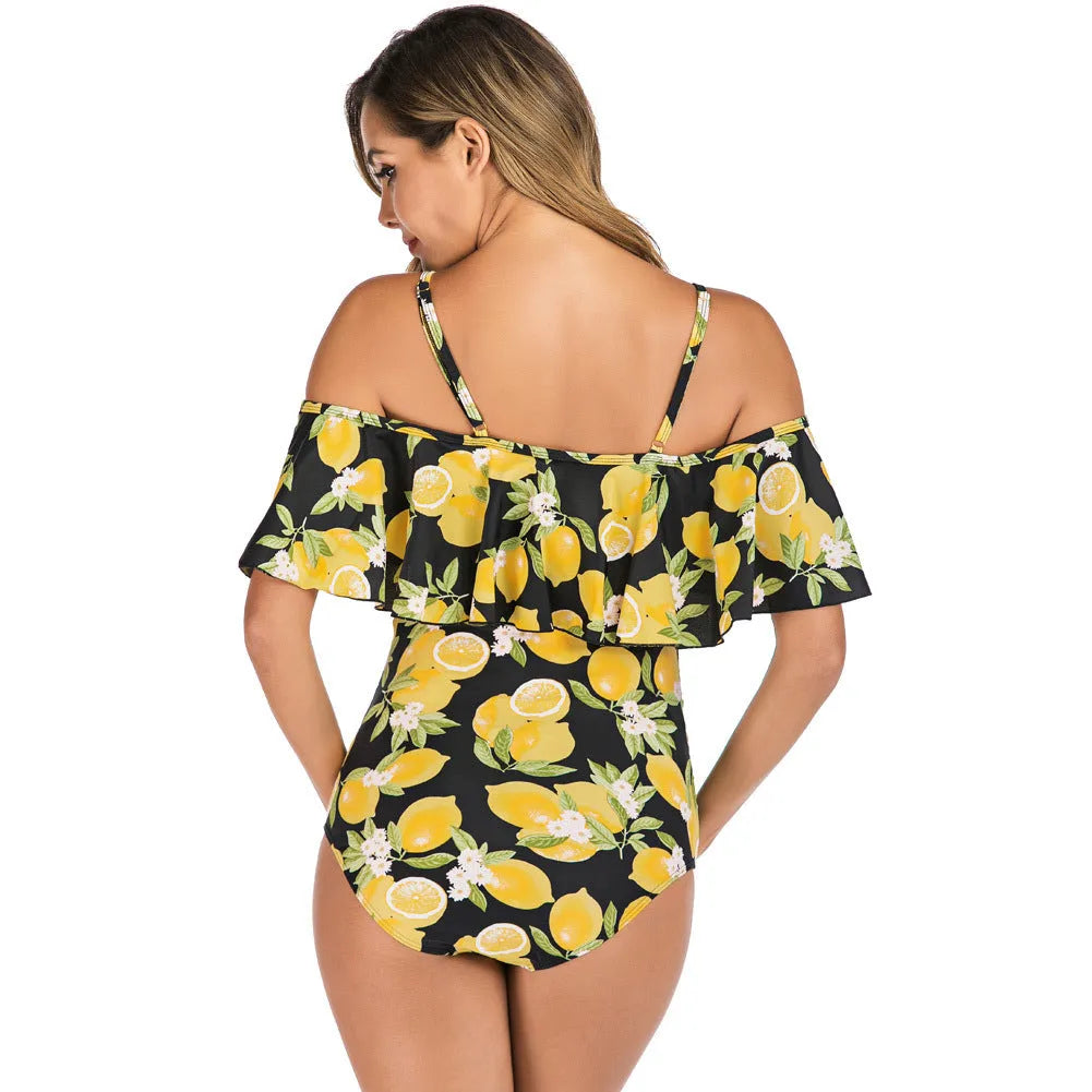 Ruffled one-piece maternity swimsuit in Lemon, nylon with 80% nylon content, sizes S to XXL