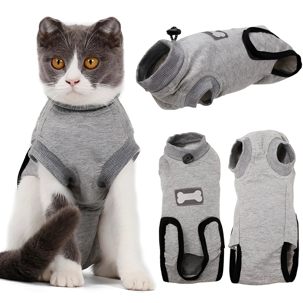 Pure cotton cat recovery suit for post-surgery, anti-lick design, sizes XS S M.