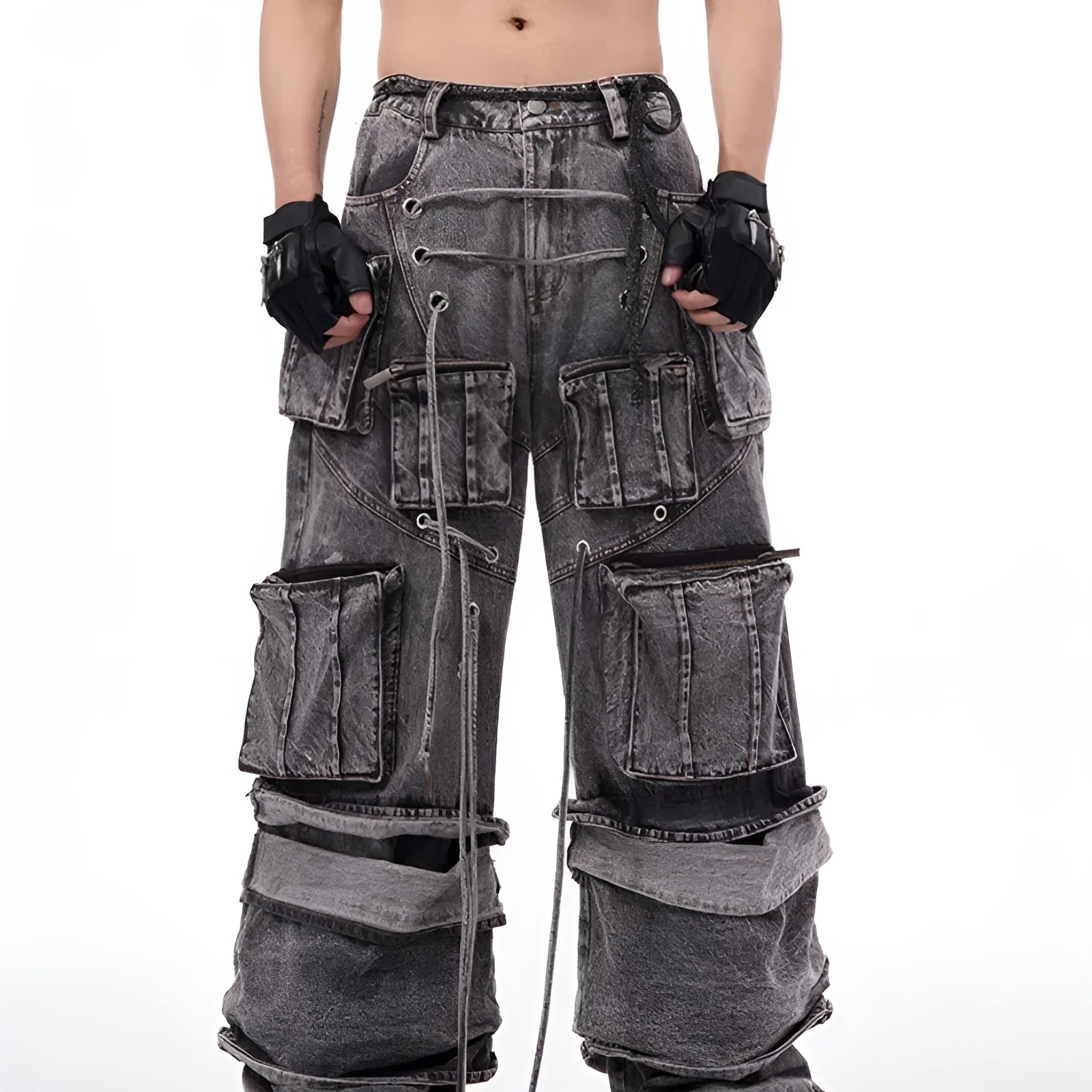Grey distressed denim mop pants with rope stitching details American-style overalls