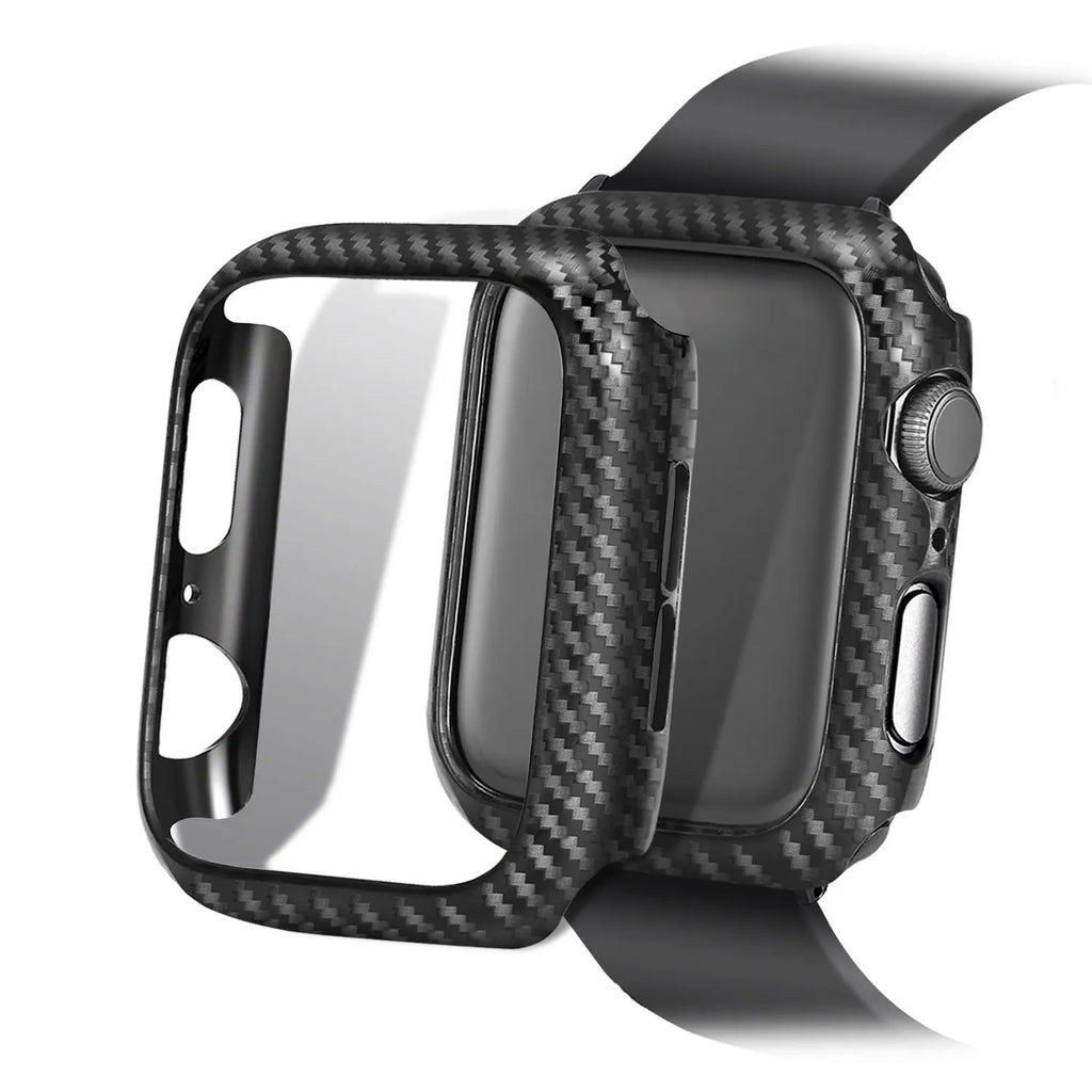 Carbon fibre and leather strap for iPhone watch with PC hard case in black, blue, orange, and red colour options.