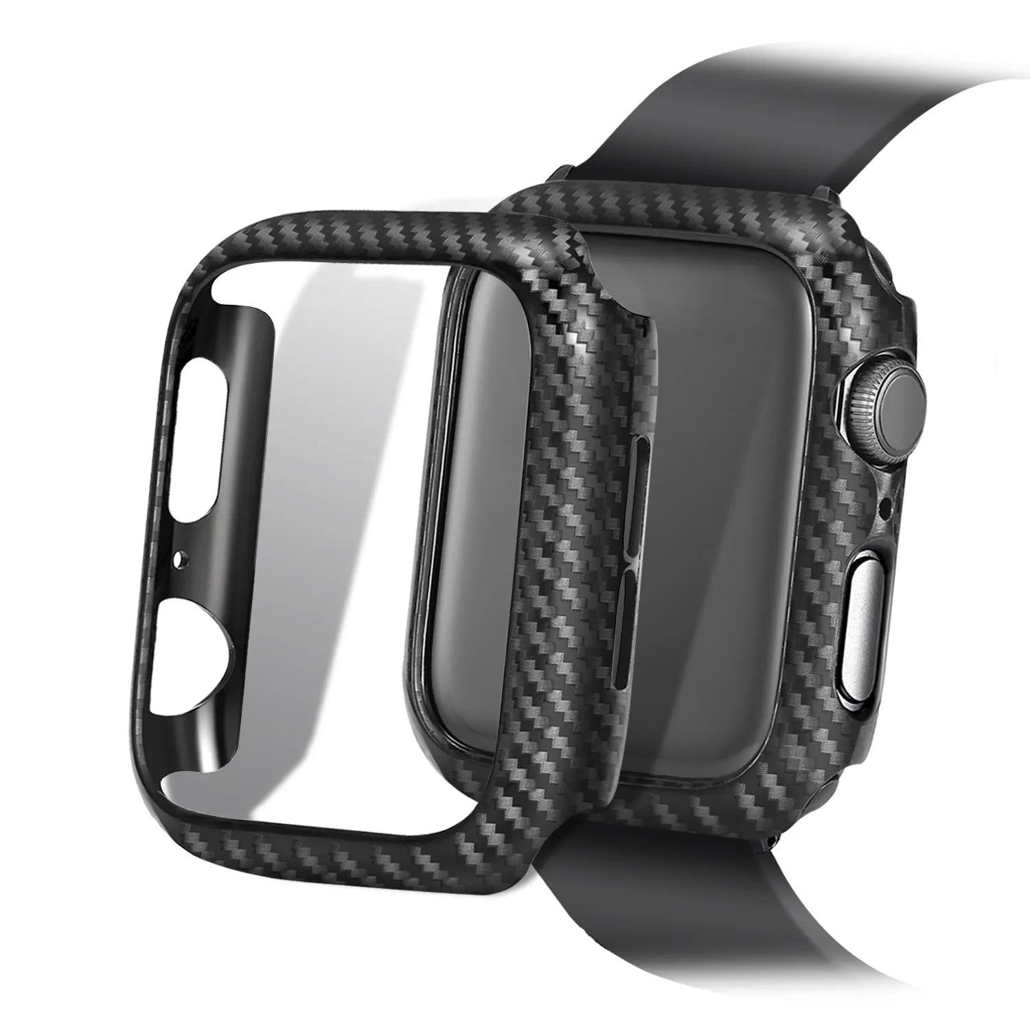 Carbon fibre and leather strap for iPhone watch with PC hard case in black, blue, orange, and red colour options.